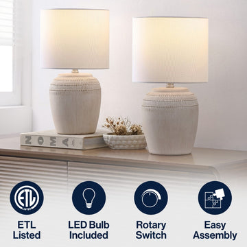 Hugo 16.75" Traditional Rustic Reeded Ceramic Vase LED Table Lamp, Set of 2
